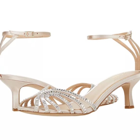 BADGLEY MISCHKA JEWEL OCEAN ANKLE STRAP KITTEN HEEL SANDALS CHAMPAGNE SZ 11 - Picture 3 of 12